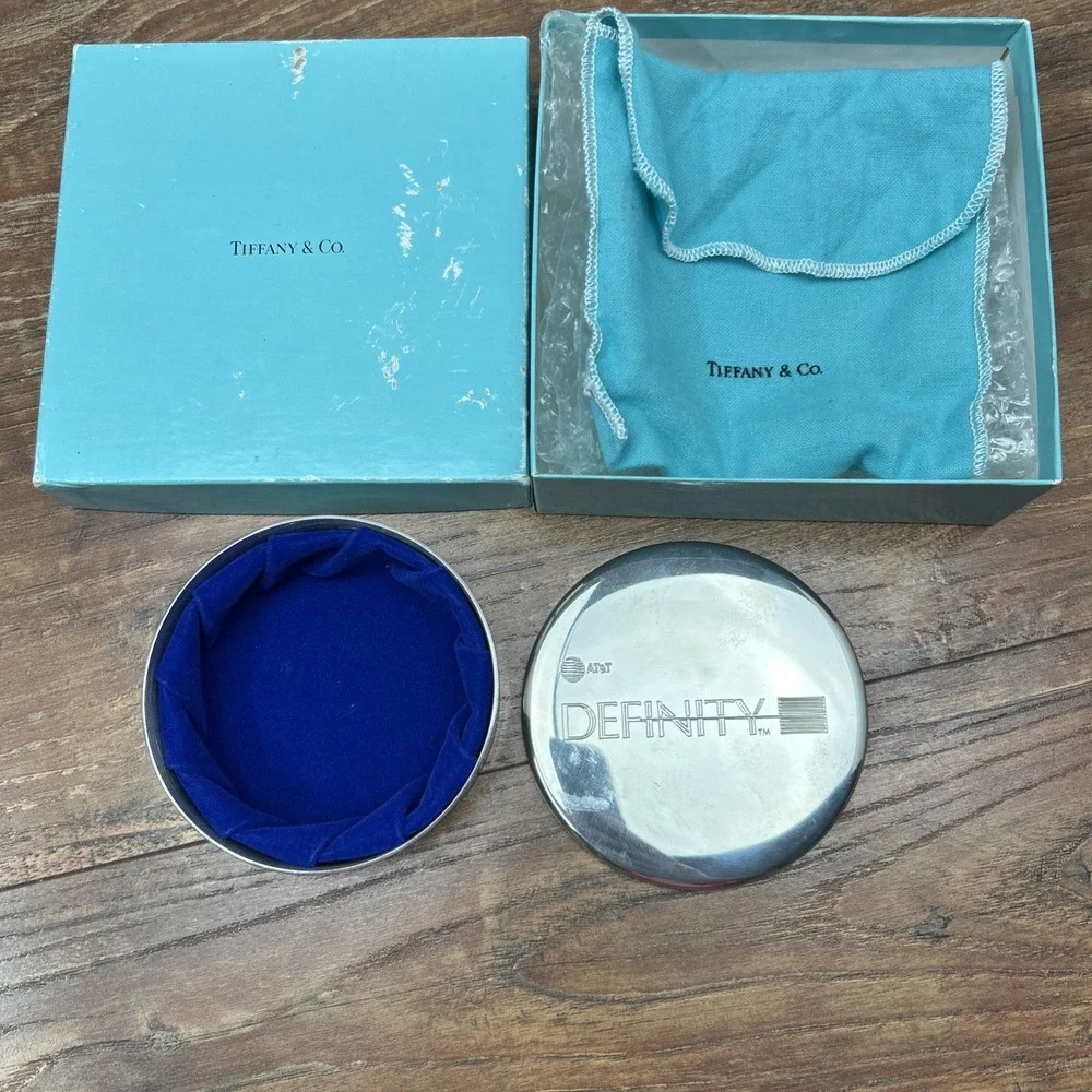 Tiffany & Co Jewelry Trinket Box Round Circle Pewter Blue Silver AT&T Definity